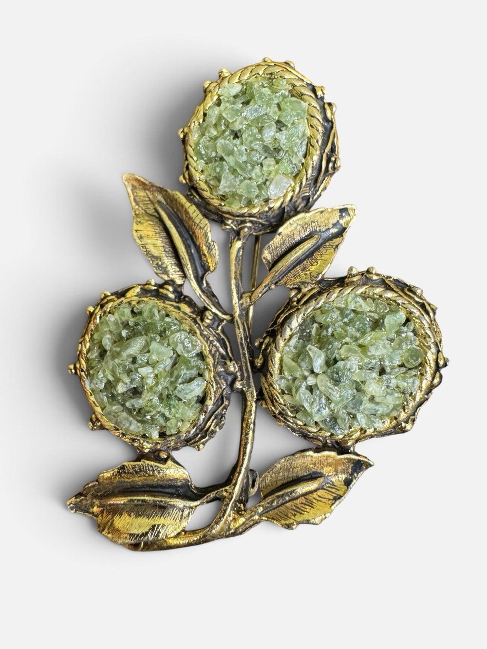 Vintage Green Jade Flower Brooch Pin - Gold-Tone Circa 1960βs